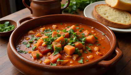 Hearty vegetable stew served in a rustic bowl alongside homemade bread and fresh herbs on a wooden table