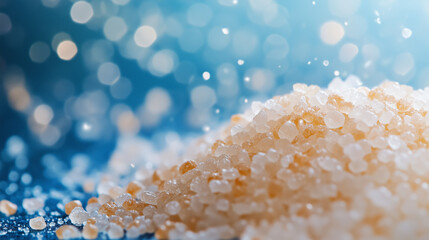 Small grains of salt cascading gracefully against a blue background, highlighting their delicate texture and motion in a minimalist composition.