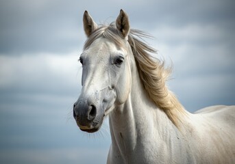 Naklejka premium A serene white horse stands gracefully in a tranquil field, surrounded by rolling hills and soft natural light.