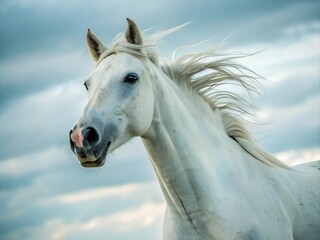 A serene white horse stands gracefully in a tranquil field, surrounded by rolling hills and soft natural light.