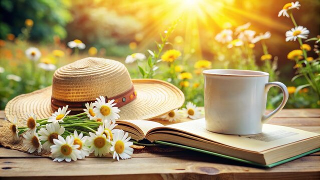Hello August A Sunny Afternoon with a Book, Hat and Coffee, Summer , August , Relaxation , Outdoors