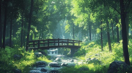 Serene Wooden Bridge Over Forest Stream Waterfall