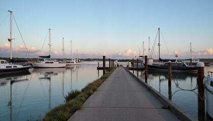 Obraz premium Calm marina at dusk with yachts docked along a paved walkway and soft pastel skies 