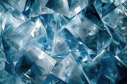 Close up of blue triangular prisms creating abstract geometric pattern.