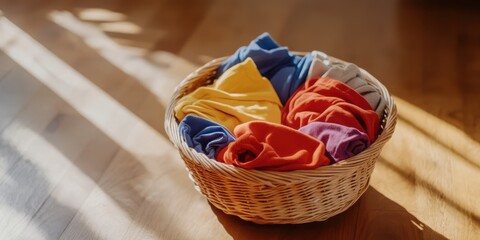Fototapeta premium A wicker basket brimming with neatly folded, colorful clothes basks in sunlight, symbolizing warmth and homely organization.