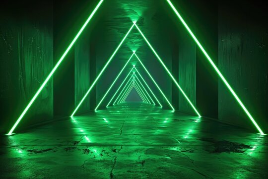 A dark grungy tunnel illuminated by vibrant green neon lights forming a triangular pattern.