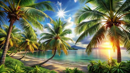 Fototapeta premium Palm Tree Paradise Sunset Over a Tranquil Beach, Tropical, Palm Trees, Sunset, Beach, Nature
