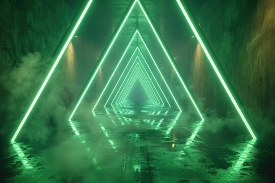 A futuristic neon lit tunnel with green triangular lights reflecting on a wet smoky surface.