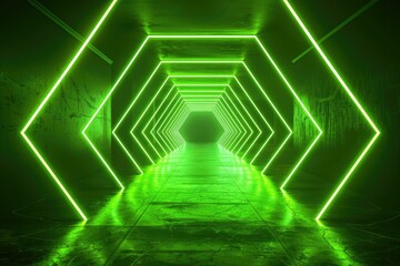Futuristic neon tunnel with hexagonal shapes creates vibrant atmosphere.