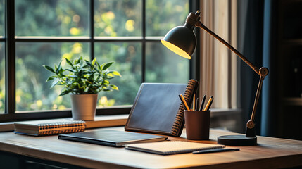 Fototapeta premium A home office desk featuring a stylish lamp, a leather planner, a cup of pens, and a small potted plant, all neatly arranged to inspire productivity and focus.
