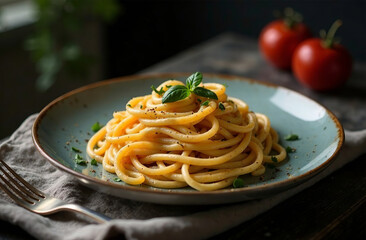 Italian pasta on dark background, food photo for restaurant menu. AI Generative