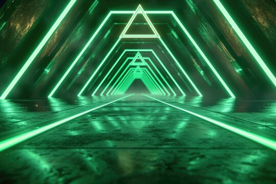 Futuristic green neon tunnel with captivating triangular shapes.