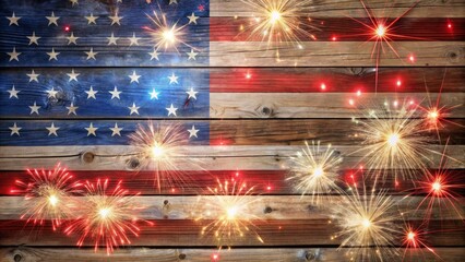 Patriotic Fireworks on Rustic Wooden American Flag, Independence Day, Fourth of July, Celebration, USA