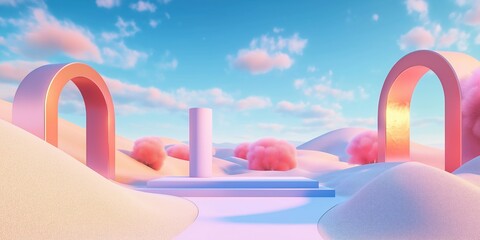 Pastel colored desert landscape with arches, podium. Abstract scene with soft light, fluffy pink bushes. Empty space for product display. Minimalist style. Suitable for fashion cosmetic product