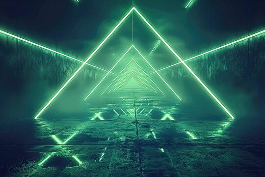 A futuristic green lit tunnel with triangular neon lights reflecting on a wet dark floor.