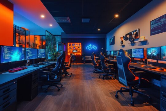 Software development office with a code collaboration area, gaming zones, and a high-tech, modern design.