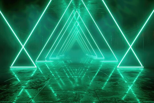 A futuristic neon lit tunnel with triangular green lights reflecting on a wet floor.