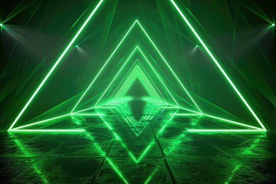 A futuristic green neon light tunnel with triangular structures and reflective floor.