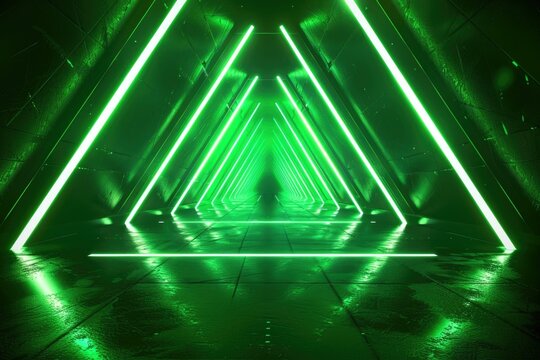 A futuristic green neon tunnel with triangular walls glowing brightly in the dark.