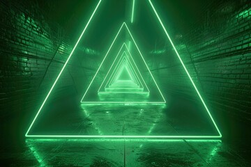 Futuristic green neon triangle tunnel creates mesmerizing atmosphere.