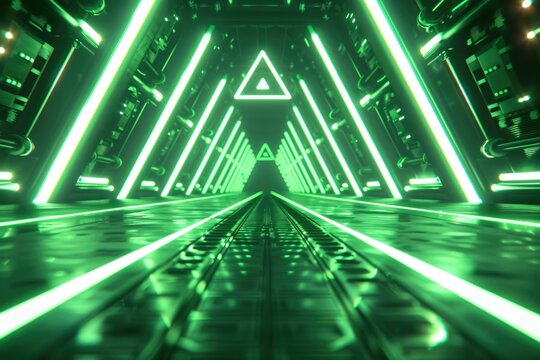 A futuristic green neon tunnel with triangular patterns extending to a vanishing point.