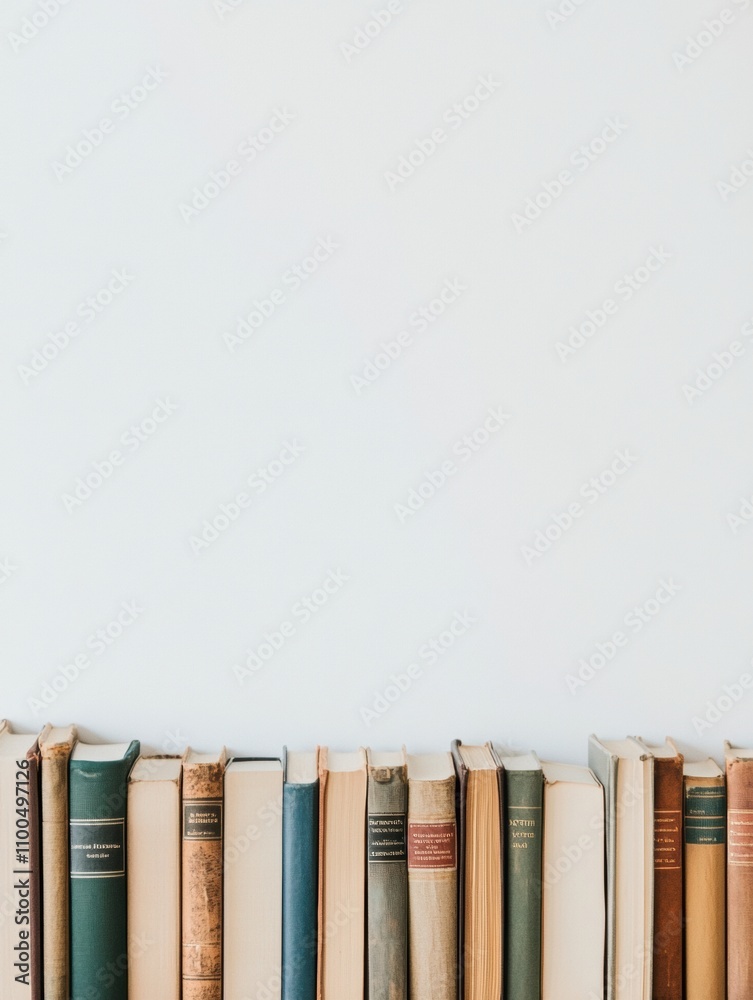 Poster a collection of books spanning various genres is organized in a straight line, showcasing their colo