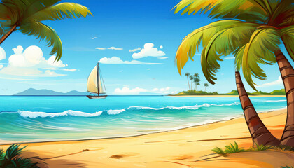 A sunny cartoon beach scene featuring a palm tree, bright yellow sand, blue waves, and a cheerful, colorful design perfect for summer-themed visuals.
