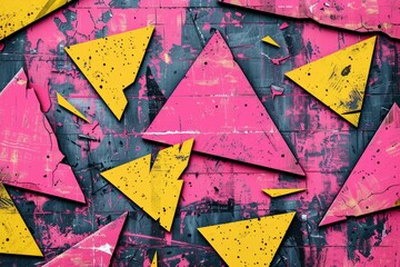 Abstract art featuring pink and yellow triangles on a grunge background. 