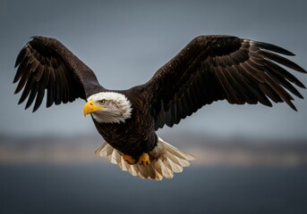 Obraz premium A close-up portrait of a majestic eagle, with sharp focus on its intense gaze, vibrant yellow beak, and rich plumage, set against a dark, blurred background that emphasizes its regal and powerful