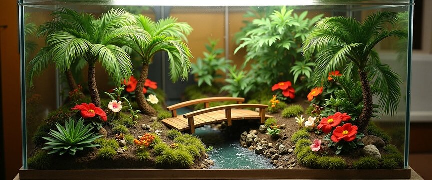 Miniature tropical garden with vibrant flowers and palm trees in glass terrarium