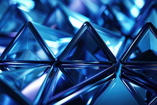 Abstract image of a cluster of shiny  blue triangular prisms reflecting light.
