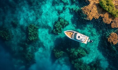 A fishing boat floating above a beautiful coral reef in clear ocean water