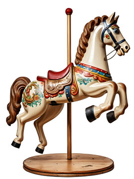 Vintage wooden carousel horse with intricate craftsmanship and nostalgic charm, isolated on a transparent or white background.