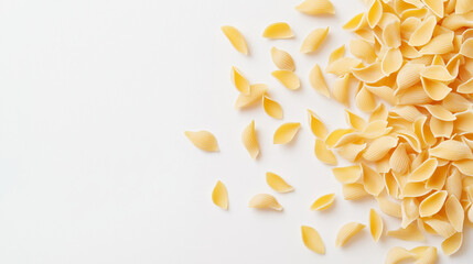 Obraz premium Raw Italian pasta falling gently, isolated on a white background, highlighting its texture and shape in a simple, clean composition.