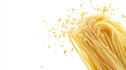 Raw Italian pasta falling gently, isolated on a white background, highlighting its texture and shape in a simple, clean composition.