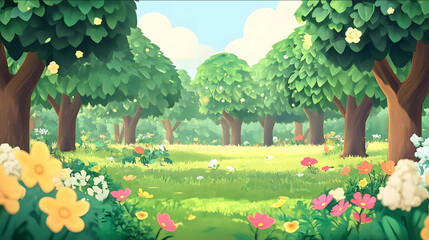 A whimsical colorful forest scene inspired by the art style of Animal Crossing The forest features soft rounded trees with vibrant green canopies scattered flowers an