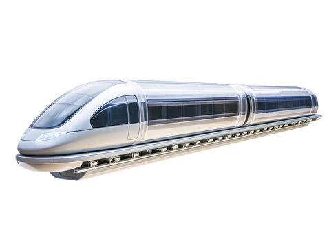 Experience the Harmony of Technology and Nature: A Sleek Transparent Maglev Train Gliding Through a Lush Urban Canyon