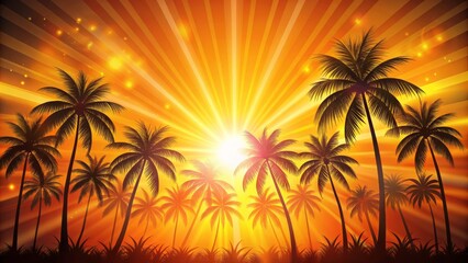 Silhouettes of Palm Trees at Sunset with Bright Rays, Digital Art, Sunset Background, Palm Trees, Summer, Tropical