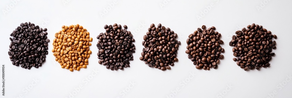 Aufkleber Variety of coffee beans showcased on a white background, highlighting unique colors and textures with space for additional labels or text. Generative AI