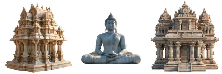Obraz premium Buddha sculpture in a traditional buddhist shrine with intricate carvings isolated on a white background, png