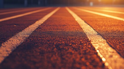 A close-up of a running track&rsquo;s lane marking with a focus on the paint texture and wear, outdoor setting with golden hour light, Clean style