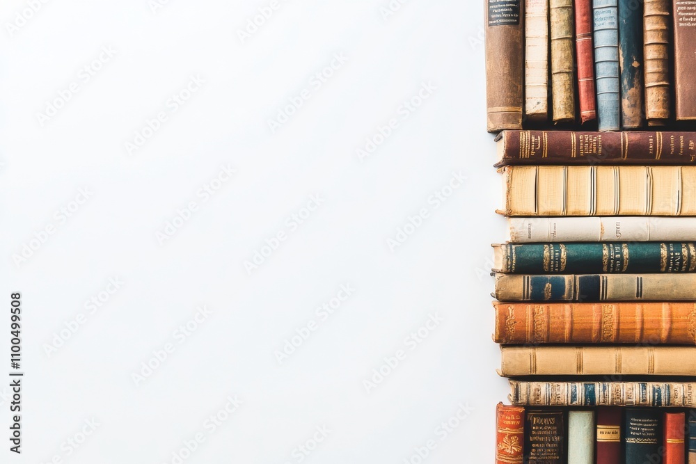 Poster Books from different genres are displayed upright against a white backdrop, showcasing their colorful spines and unique titles. Generative AI