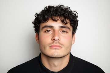 Fototapeta premium A man with a beard and dark hair is wearing a black shirt