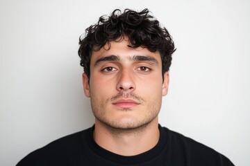 Fototapeta premium A man with a beard and curly hair is wearing a black shirt