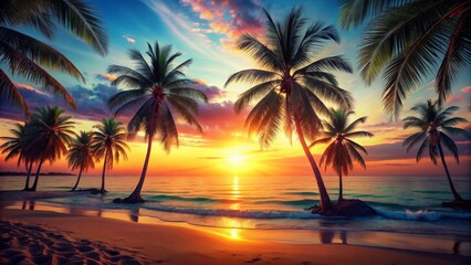 Fototapeta na wymiar Tropical Sunset Paradise Palm Trees Silhouetted Against Vivid Sky, Beach and Ocean, Palm Trees, Sunset, Tropical, Paradise