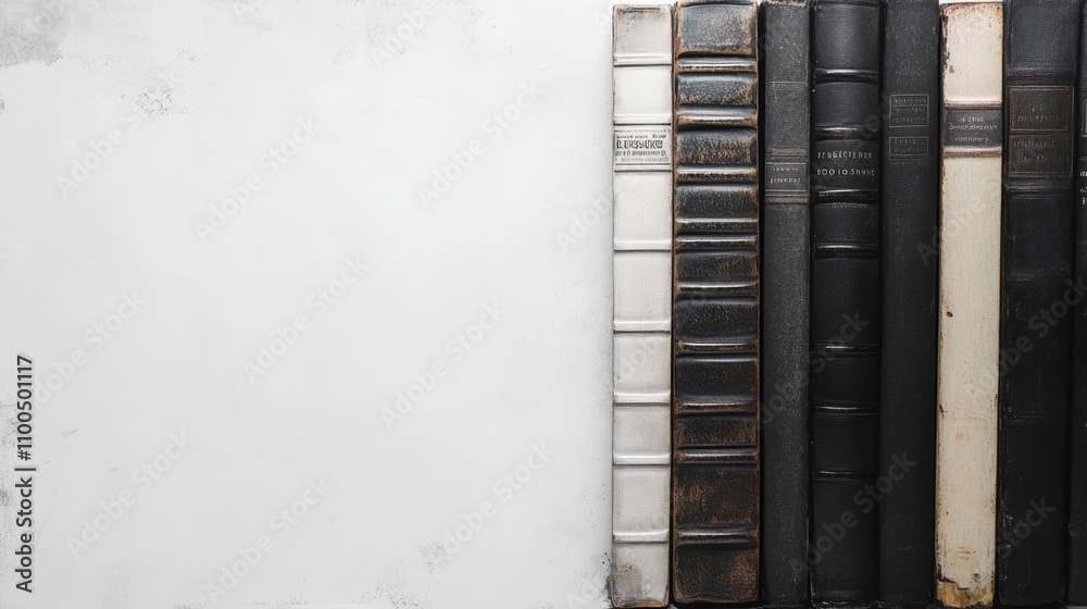 Aufkleber Books of different genres are arranged neatly on a white surface, showcasing diverse literature and inviting exploration and discovery. Generative AI