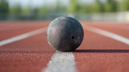 A close-up of a shot put with a focus on the metal surface and grip area, outdoor setting on a track and field ground, Traditional style
