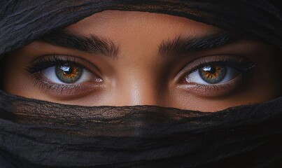 Fototapeta premium A close-up of a woman's eyes, veiled by a black scarf, highlighting her intense gaze