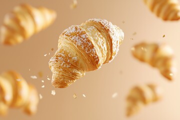 National Croissant Day, delicious croissants flying around, pastel brown background, January 30