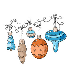 Cute Christmas clipart set of decorations and ornaments on the ribbon, elements for designing greeting cards, labels, seasonal stickers, and holiday, illustration isolated on white background